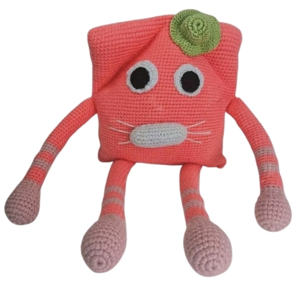 🎁 Rose Knitting Pattern Amigurumi Cat Knit Pillow Crochet Pink/Green M Washble